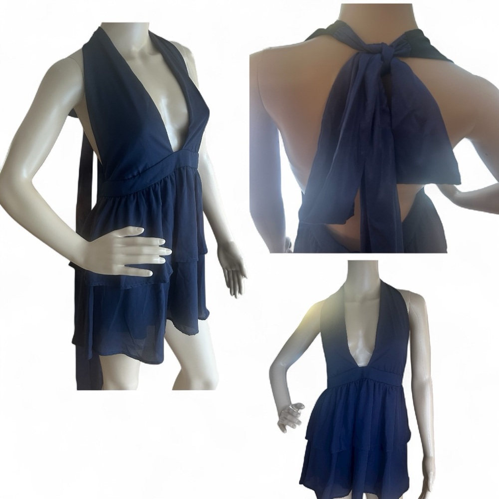 Lucy in the Sky Navy Tiered Halter Mini Dress Size Large